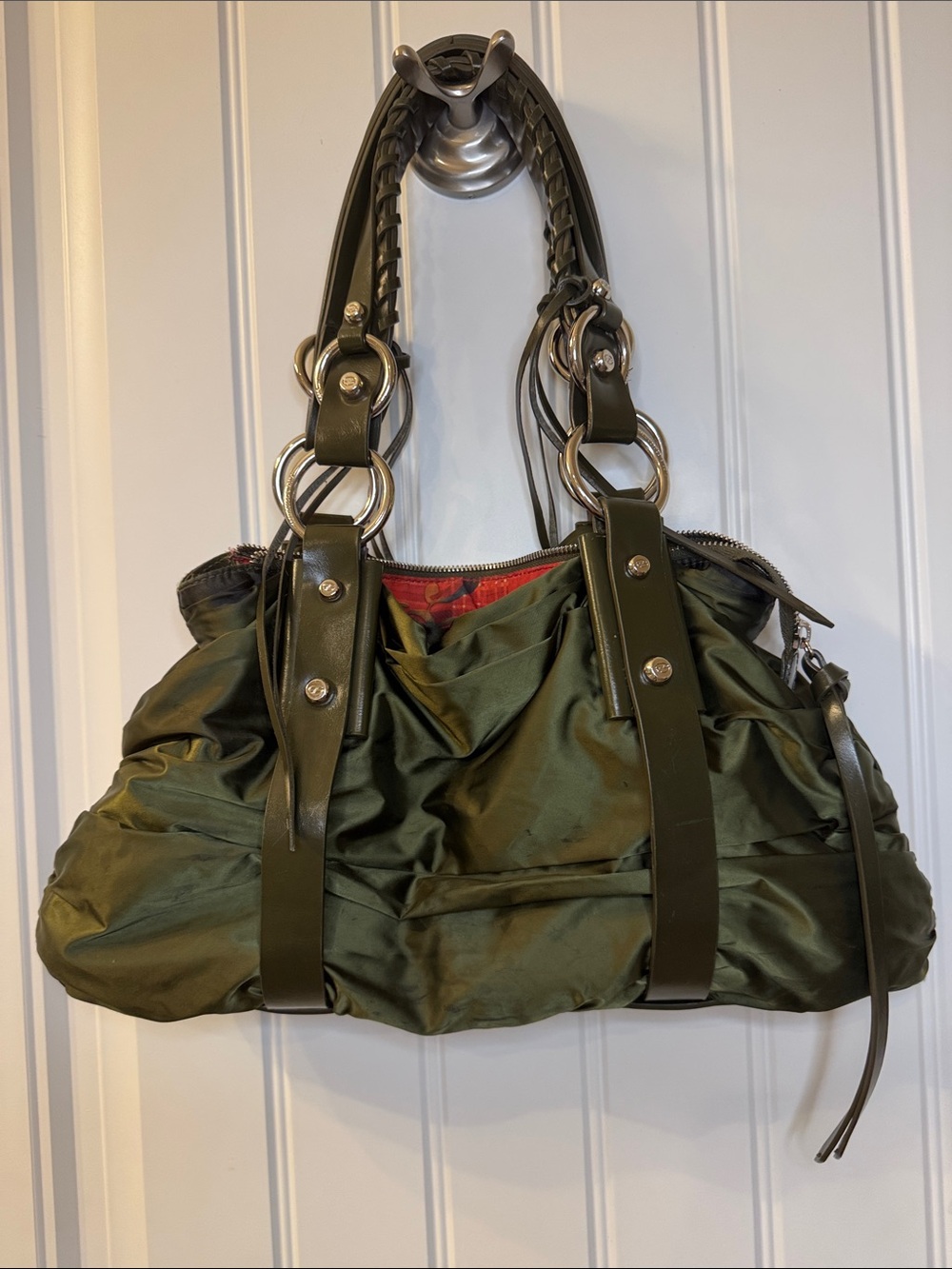 Francesco Biasia Army Green Nylon Shoulder Bag with Braided Handles